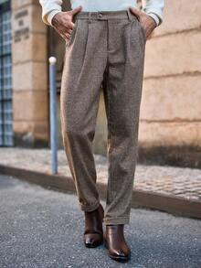 HIMLAND Men's Plaid Casual Pants For Commuting, Autumn/Winter Plaid Pants High Waisted Pants Brown Dress Pants Suit Pants