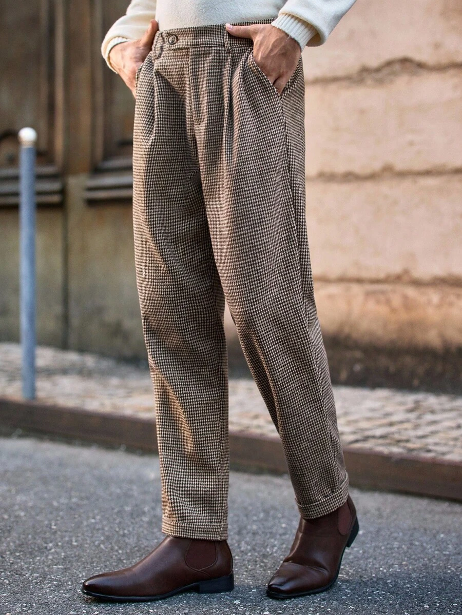 HIMLAND Men's Plaid Casual Pants For Commuting, Autumn/Winter Plaid Pants High Waisted Pants Brown Dress Pants Suit Pants