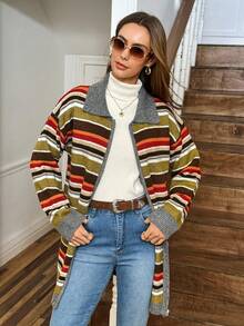 LanaWest Cardigan feminino de malha casual ocidental listrado multicolorido - Multicolorido - Ver 4