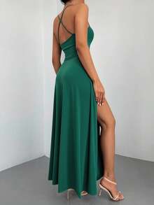 EURMUSE Vestido camisero con cuello drapeado y abertura en el muslo - Verde - Ver 2