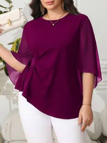 Reflora Plus Size Women's Solid Color Round Neck Flare Sleeve Waist Ruched Design Fashion Blouse - Rusty Rose - View 5