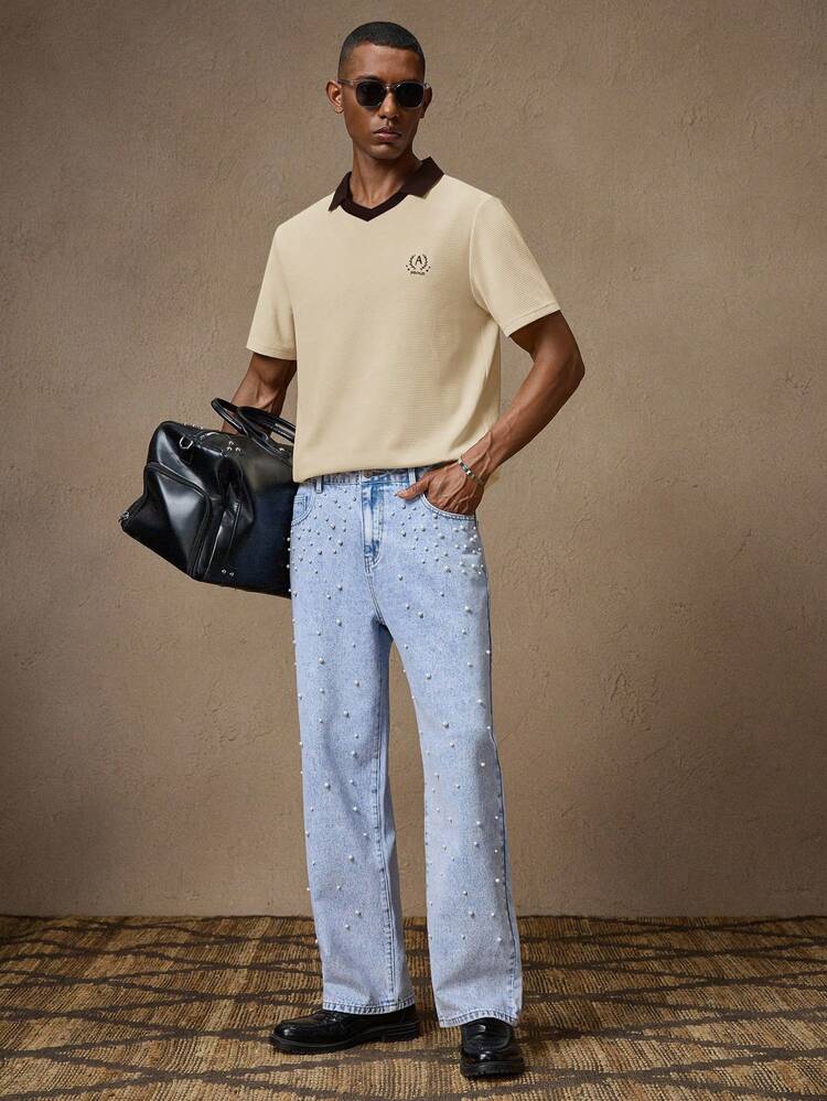 AKNOTIC X Nawaf Alabid Camisa Polo de Manga Curta Slim Fit Elástica com Bordado "Old Money" Tricotada para Homens, Adequada para Uso Casual, Trabalho, Primavera/Verão, Férias, Festa, Casamento, Presente para Namorado, Roupa de Praia, Presente para o Dia dos Pais