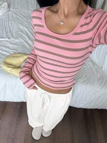 CovetEZ 女式休闲条纹圆领针织T恤 - 粉色 - 查看 3