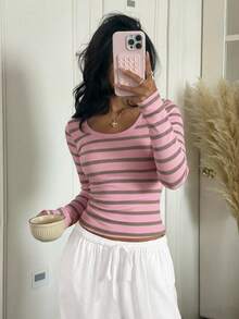 CovetEZ 女式休闲条纹圆领针织T恤 - 粉色 - 查看 5