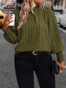 Parysyn 女式编织休闲波尔卡圆点秋季衬衫 - 軍綠色 - 查看 5