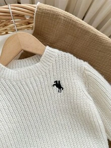 SHEIN 女婴休闲骑士刺绣毛衣，秋冬 - 白色 - 查看 3