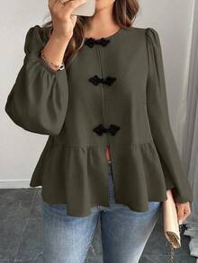 Vionelle 大码褶皱灯笼袖纽扣装饰休闲衬衫新年衣服情人节女士衬衫情人节红色新年 - 軍綠色 - 查看 1