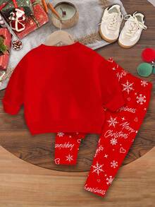 SHEIN 女婴圣诞可爱卡通鹿休闲针织柔软厚圆领长袖运动衫和雪花印花打底裤套装，适合秋冬季 - 彩色 - 查看 3