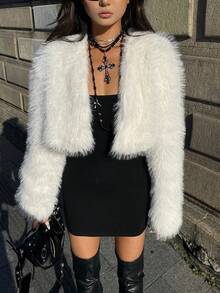 Coolane Women's Fall Winter Concert Streetwear Rave Y2K Basic Warm White Fuzzy Oversized Crop Faux Fur Coat