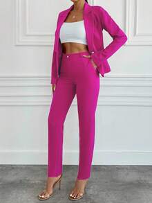 EURMUSE Bộ đồ áo dài tay và quần dài tối giản hàng ngày màu trơn dành cho nữ - Hồng - Xem 5