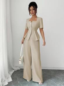 Elenzga 新款时尚法式女装春夏装，方领修身衬衫 + 阔腿直筒裤，两件套 - 卡其色 - 查看 3