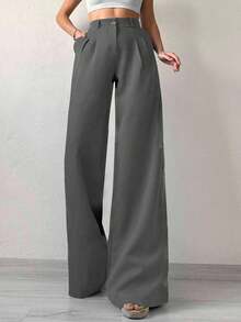 SHEIN Tall 女款純色寬腿西裝褲，適合高個女性 - 灰色 - 查看 1
