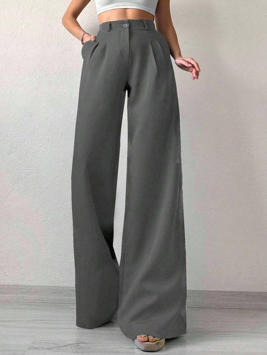 SHEIN Tall 女款純色寬腿西裝褲,適合高個女性 - 灰色 - 查看 1