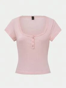 Almamuse Petite 甜美蕾丝边短袖 T 恤，修身款三扣休闲 T 恤上衣夏季 - 粉色 - 查看 8