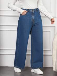 RueChic 100%Cotton Plus Size High Waist Slant Pocket Casual Straight Leg Jeans - Blue - View 5