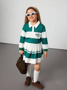Hanevo Conjunto de 2 piezas de niña joven de moda informal: sudadera deportiva de manga dolman a rayas con estampado en inglés y falda plisada de bloqueo de color con cintura elástica - Verde - Ver 2