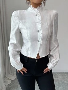 Elenzga 女式优雅荷叶边领长袖修身短款衬衫，春秋 - 白色 - 查看 8