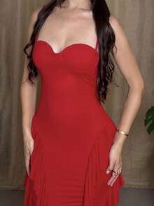 Andrea Bello 女士优雅浪漫约会吊带背心红色花卉荷叶边露背修身款适合鸡尾酒会、针织网眼连衣裙、派对、婚礼伴娘、长裙，非常适合派对、节日和情人节、女士连衣裙、情人节、女士连衣裙