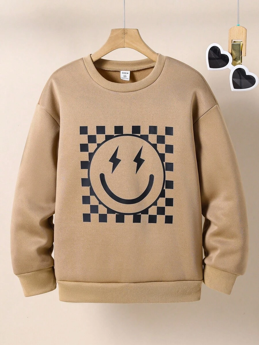 Tween Girl Long Sleeve Smiling Face Checkerboard Crew Neck Sweatshirt,Back-To-School Casual Tan Sweatshirt For School,Autumn Wear,Vacation,Outings - Camel - View 1