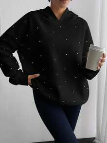 SHEIN Women Sequined Hooded Oversize Sweatshirt - Black - View 3