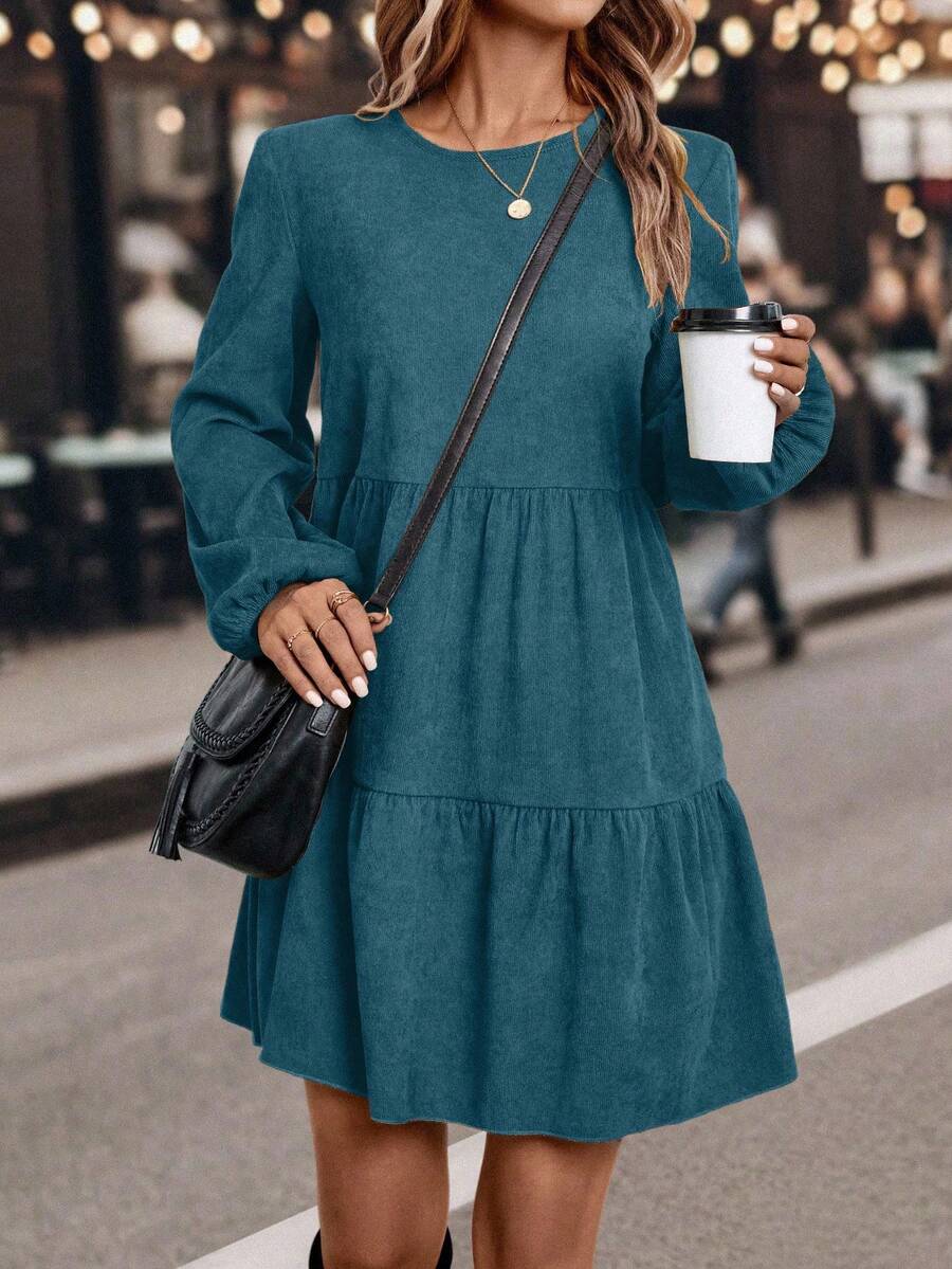 SHEIN LUNE Casual Commuter Solid Color Lantern Sleeve Dress - Blue - View 1