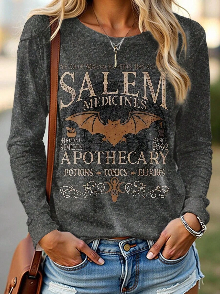 EMERY ROSE Women's Bat & Letter Print Long Sleeve T-Shirt - Multicolor - View 1