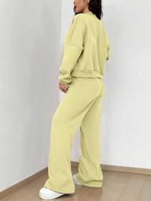 Flirla Bộ đồ 2 món thường ngày, áo hoodie cổ bóng chày dài tay màu trơn có khóa kéo dành cho nữ, mùa thu - Vàng nhạt - Xem 2