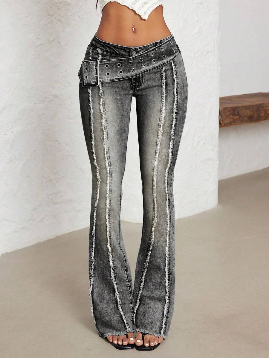 Jeanoix Women's Casual Sun Symbol Eyelet Waist Flare Leg Jeans - Grey - View 1