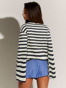 Athîral 女式条纹圆领休闲百搭长袖T恤 - 彩色 - 查看 2