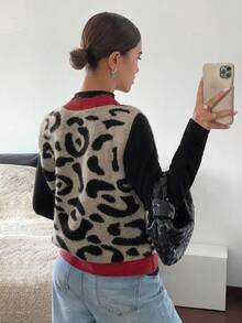 Siren Gaze 女式前扣V领无袖简约休闲豹纹毛衣背心秋冬