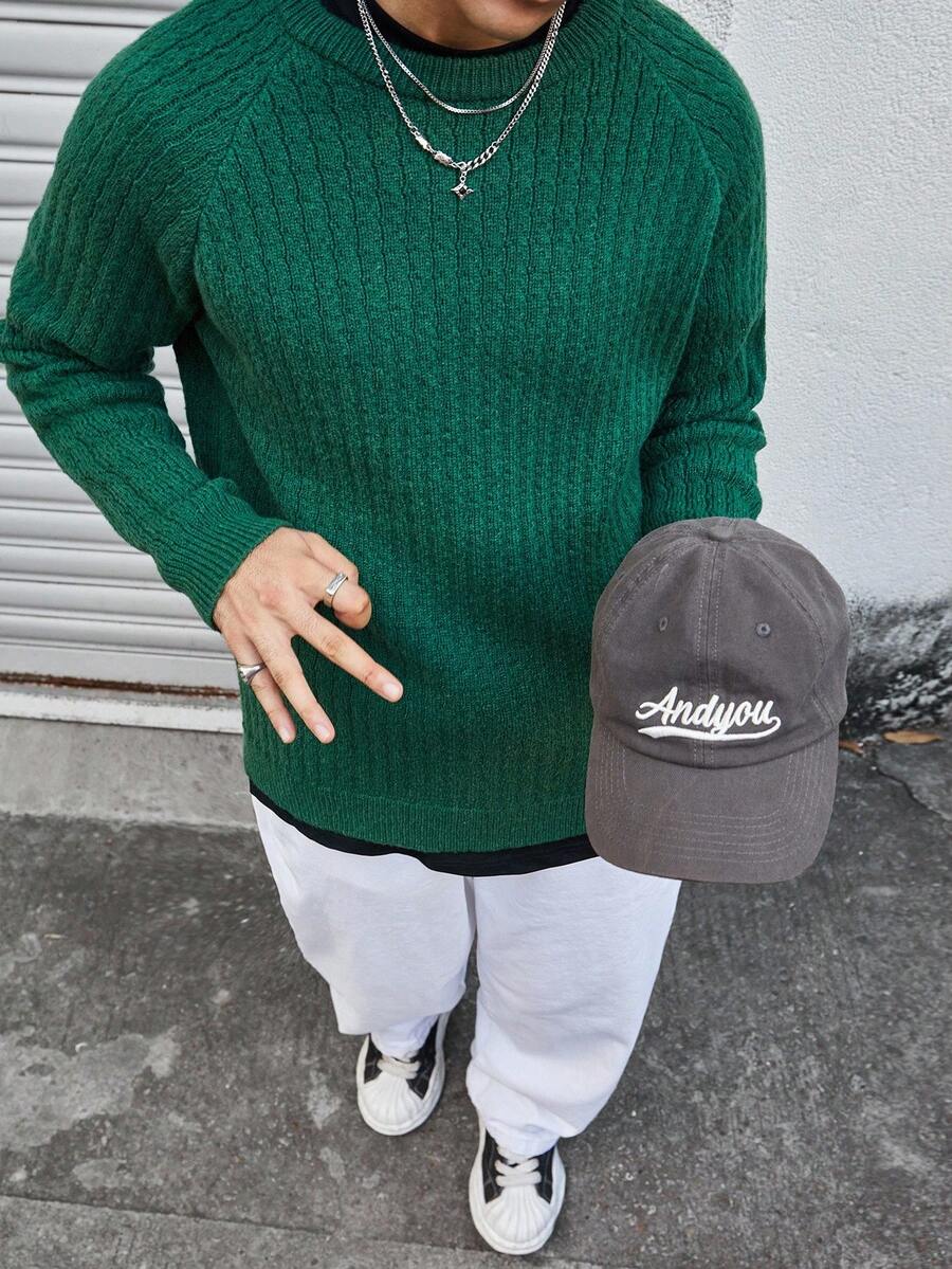 Manfinity CasualKnits 男士纯色圆领休闲百搭长袖套头毛衣,华夫格针织长袖绿色毛衣,秋冬款 - 綠色 - 查看 1