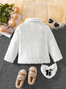 Young Girl Cute White Fluffy Comfortable Autumn/Winter Pearl Button Black Bow Heart Decor Jacket, Super Adorable Fall