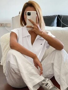 Livesso Suéter de punto de cuello polo ajustado de unicolor para mujer, informal para ir al trabajo en primavera/verano - Blanco - Ver 6
