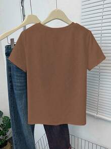 INAWLY 女式休闲宽松圆领短袖T恤，高地牛刺绣 - 棕色 - 查看 2