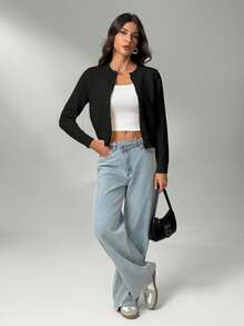 SHEIN Tall Áo len cardigan nữ cổ tròn tay dài màu trơn đơn giản, dáng rộng, dáng ôm, màu đen, áo khoác cardigan đen, áo khoác cardigan đen, áo khoác lửng, quần áo thu đông cho nữ - màu đen - Xem 5