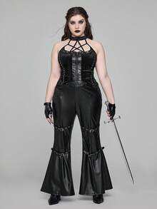 ROMWE EDITION Calça Flare de Retalhos de Renda e Couro Estilo Gótico Plus Size, Legging Justa e Sexy Estilo Bodycon Plus Size para Festa, Calça de Outono/Inverno Plus Size, Calça de Couro Plus Size para Mulheres, Calça de Couro para Festa Plus Size - Preto - Visão 7