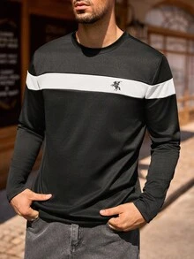 Manfinity NXTstreet Men Elastic Color Block Embroidery Long Sleeve T-Shirt, Fall - Multicolor - View 1