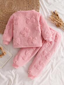 2pcs Young Girl' Soft Plush Bow Decor Long Sleeve Top And Pants Pajama Set