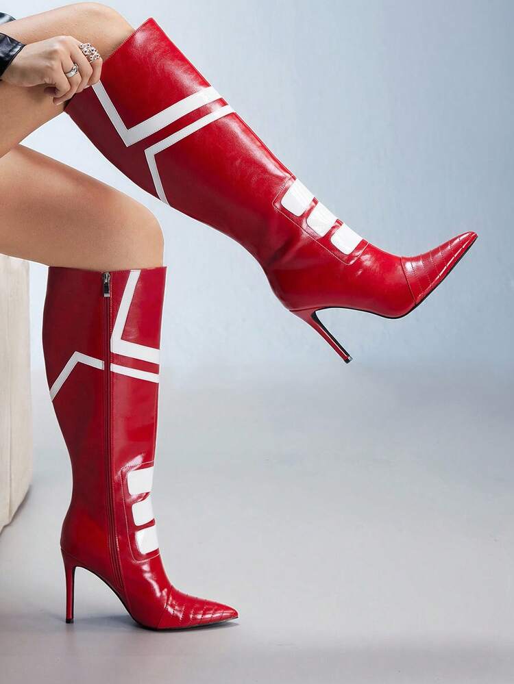 CUCCOO GRLICON Botas altas de mujer de punta fina con cordones en blanco y negro, de estilo de bloques de color, moda para Navidad, fiesta de Año Nuevo, cita nocturna, casual de primavera, Halloween, estilo de carreras