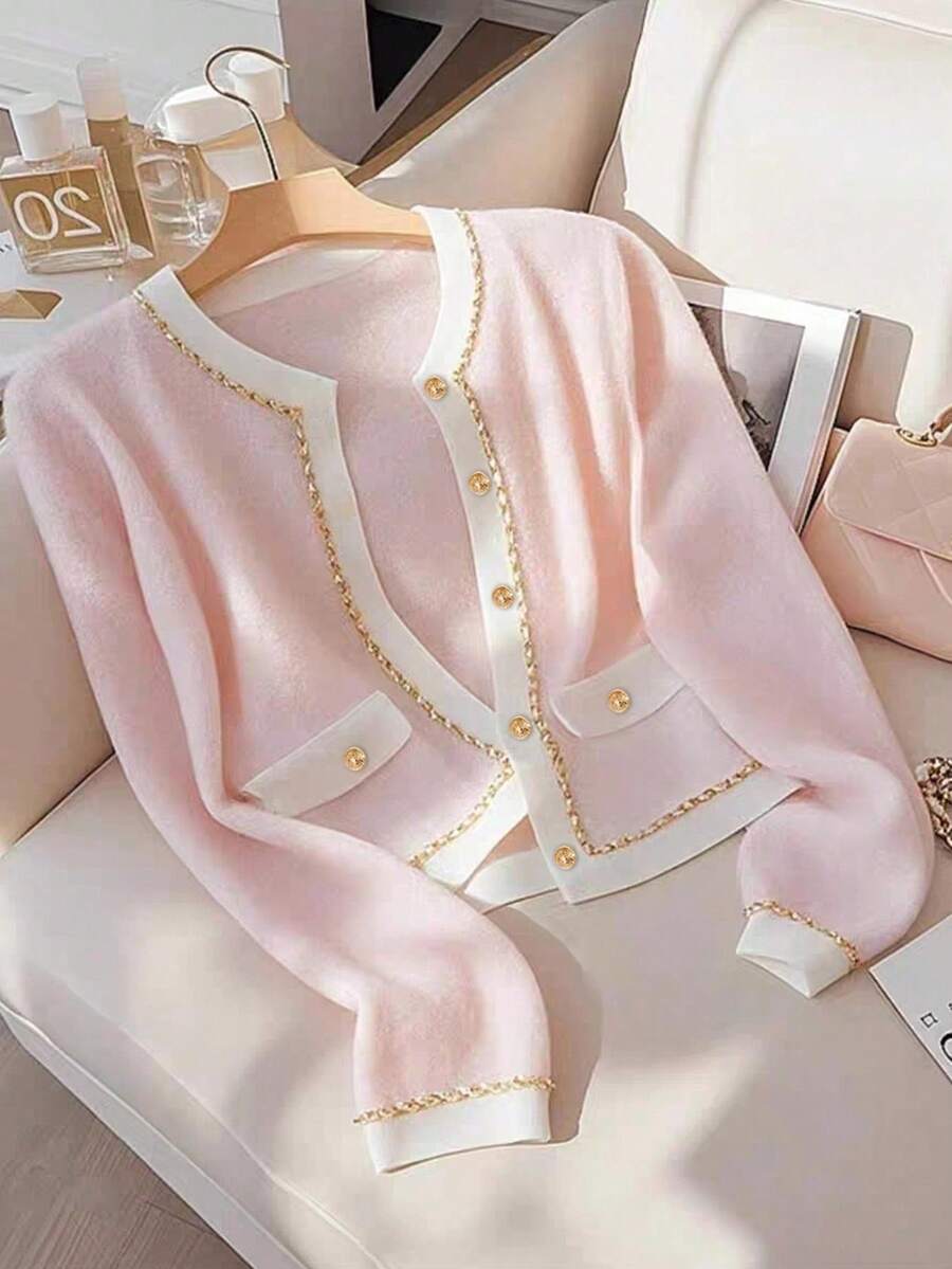 SHEIN Tall Elegant Soft & Fluffy Colorblock Round Neck Sweater Cardigan With Delicate Lace Trim, Suitable For Tall Women In Spring/Autumn - Pink - View 1
