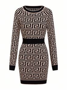 Ellevyn Klassisches Jacquard-Kleid mit Taillengürtel und Langarm für Herbst/Winter - Braun - Übersicht 10