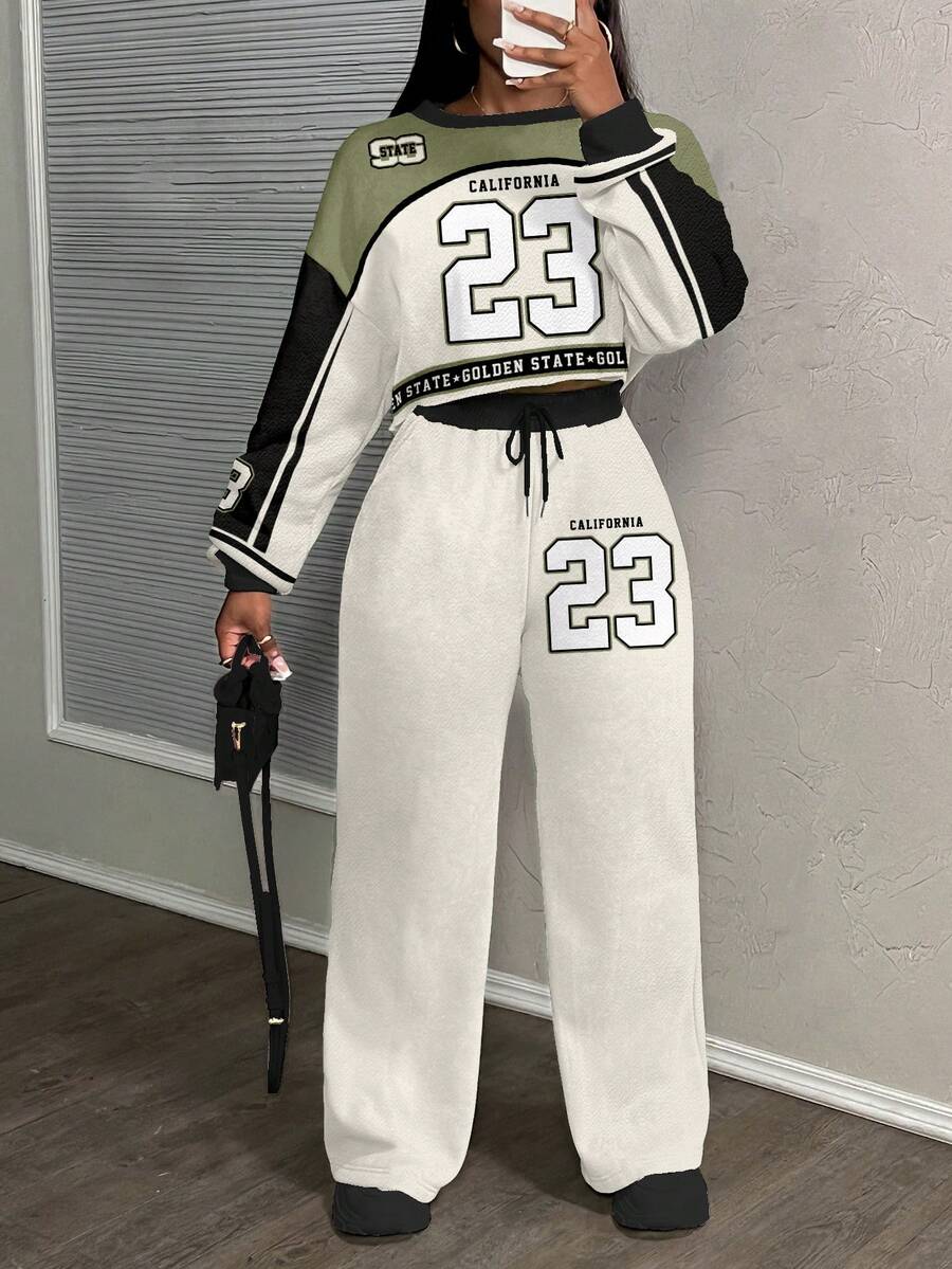 Slaydiva 23# 女士休闲街头风格宽松两件套运动服套装,适合秋冬 - 彩色 - 查看 1