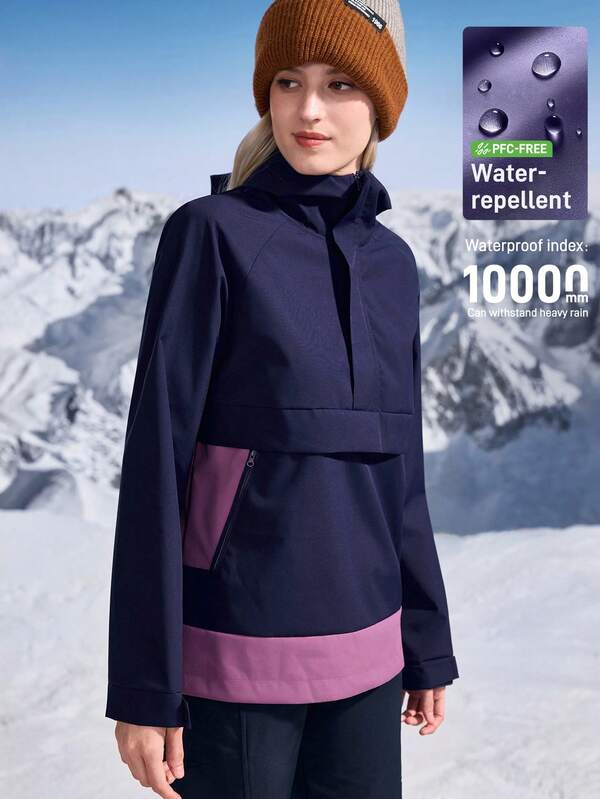 In My Nature Women's Contrast Color Patchwork Hooded Outdoor Raincoat Jacket Waterproof Jacket Adjustable  Cuffs Multiple Secure Pockets