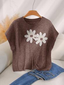 CosyJoli 加大码女式圆领无袖灰色针织上衣，花朵装饰胸围设计，休闲百搭套头衫，2025 年新款 - 紫紅色 - 查看 3