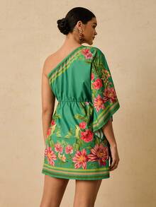 Travachic Plus Size BOHO Asymmetric Asymmetric Neck Waist Tie Wrap Tropical Print Green Mini Dress, Holiday Mini Dress, Autumn - Green - View 2