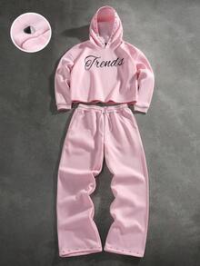 PAVTROS 2 件男士连帽运动衫和抽绳阔腿裤套装连帽衫和运动裤套装女士粉色运动服铆钉粉色套装粉色运动服粉色运动套装，秋冬装 - 粉色 - 查看 1