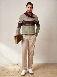 Manfinity Homme Men's Contrast Color Cable Pattern Crew Neck Long Sleeve Sweater, Autumn, Old Money - Multicolor - View 5