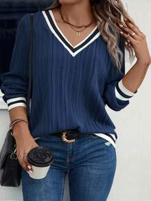 EMERY ROSE Plus Size Women's Soft V-Neck Long Sleeve Sweatshirt With Ribbed Pattern, Popular For Autumn/Winter - Multicolor - View 1