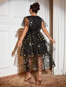 Cravure 2025 Plus Size Women's Elegant Vintage Colorblock Polka Dot Layered Maxi Dress With Neck Tie, Suitable For Back To School, Graduation, Valentine's Day, Music Festival, Mother's Day, Halloween, Thanksgiving, Easter, National Day, Prom, Date, Party, Wedding, Outdoor Activities