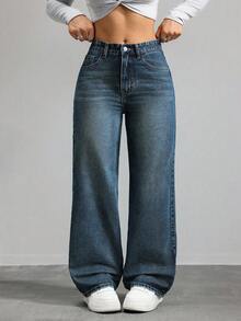 SHEIN ICON Plus Size Women Loose Fit Vintage Wash Pockets Wide Leg Casual Jeans
